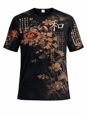 Vintage Y2K Asian Motif Floral Quarter Sleeve Shirt Top XL